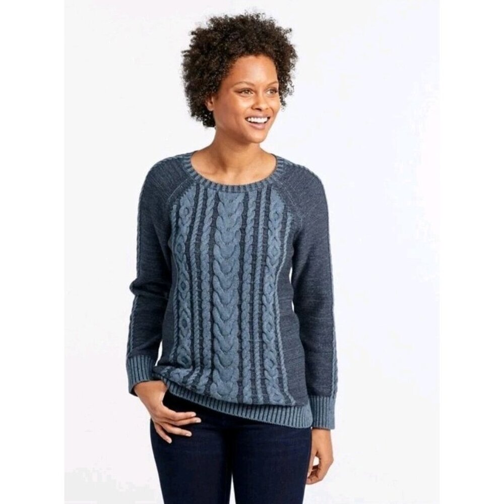 LL Bean Womens Double L Cableknit Fisherman Tunic Sweater Pullover Blue  Medium